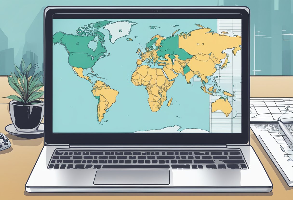 A laptop on a desk with a chart showing remote sales compensation. A world map in the background symbolizes the global job market