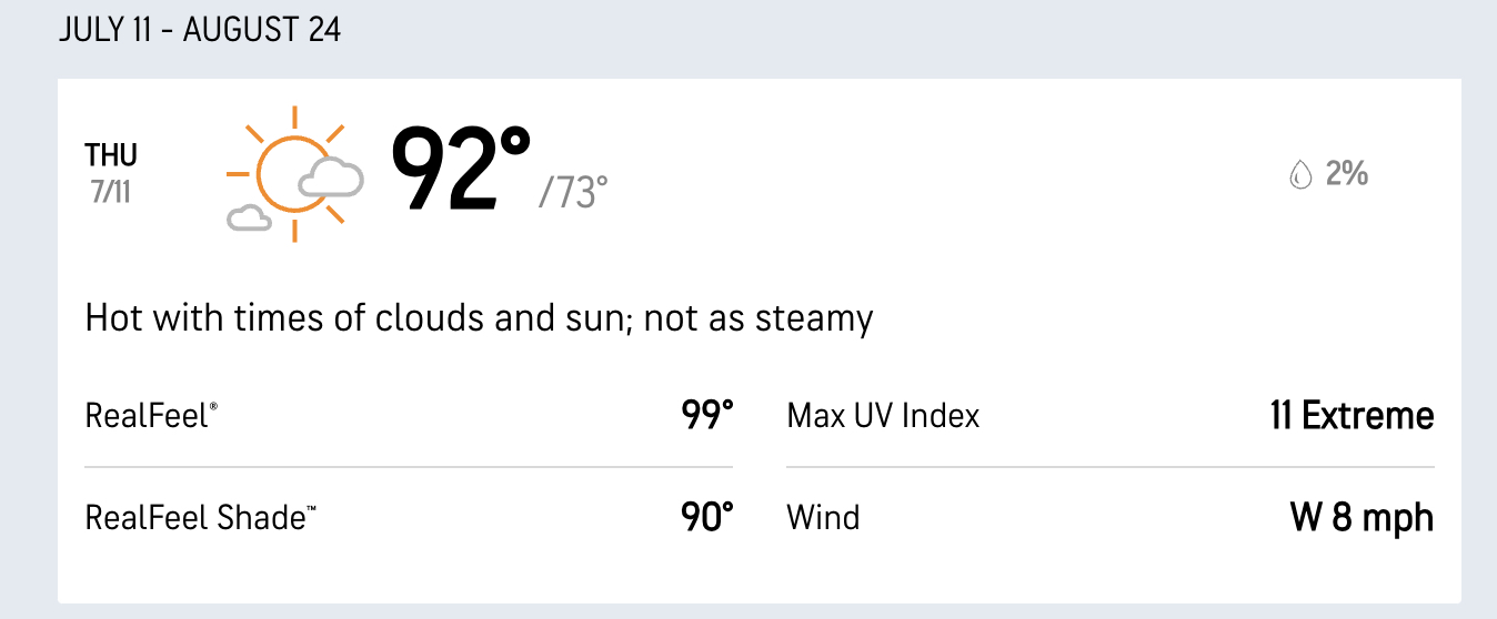 Accuweather info for Baltimore, today. 92 degrees, UV index extreme.