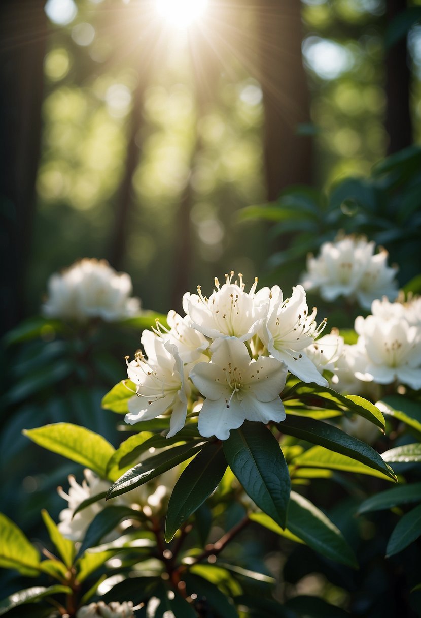 A cluster of Rhododendron 31 white flowers in full bloom, surrounded by lush green foliage and dappled sunlight filtering through the leaves