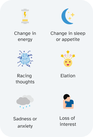 Image of icons listing symptoms of bipolar disorder: change in energy, change in sleep or appetite, racing thoughts, elation, sadness or anxiety, loss of interest