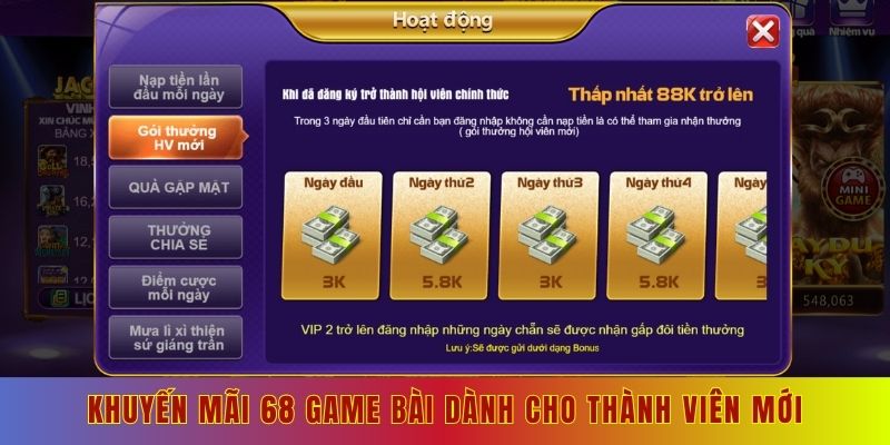 Khuyến mãi 68 game bài dành cho thành viên mới