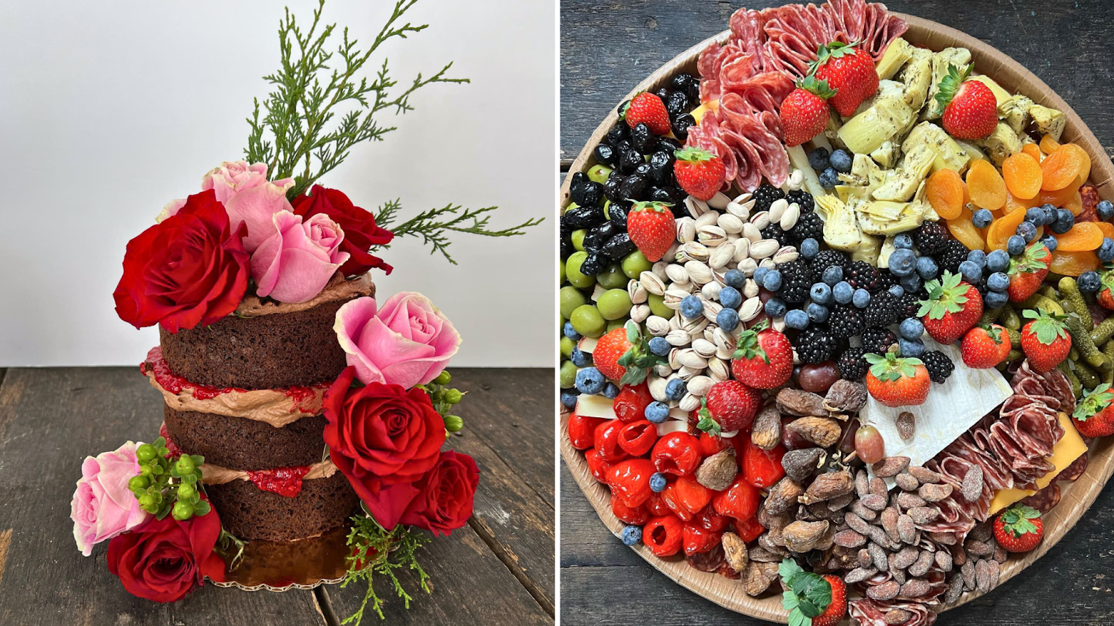 A naked chocolate wedding cake with flowers and a charcuterie spread from Sweets & Cheese catering in Utah.