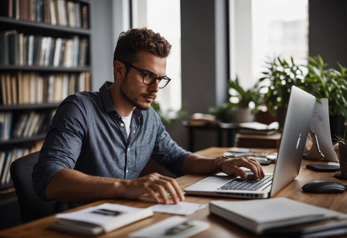 A person sitting at a desk with a computer, surrounded by books and papers, typing and researching keywords for SEO