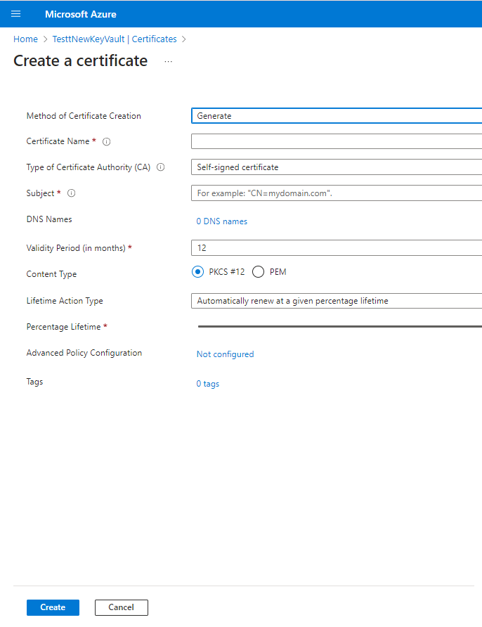 create a certificate azure