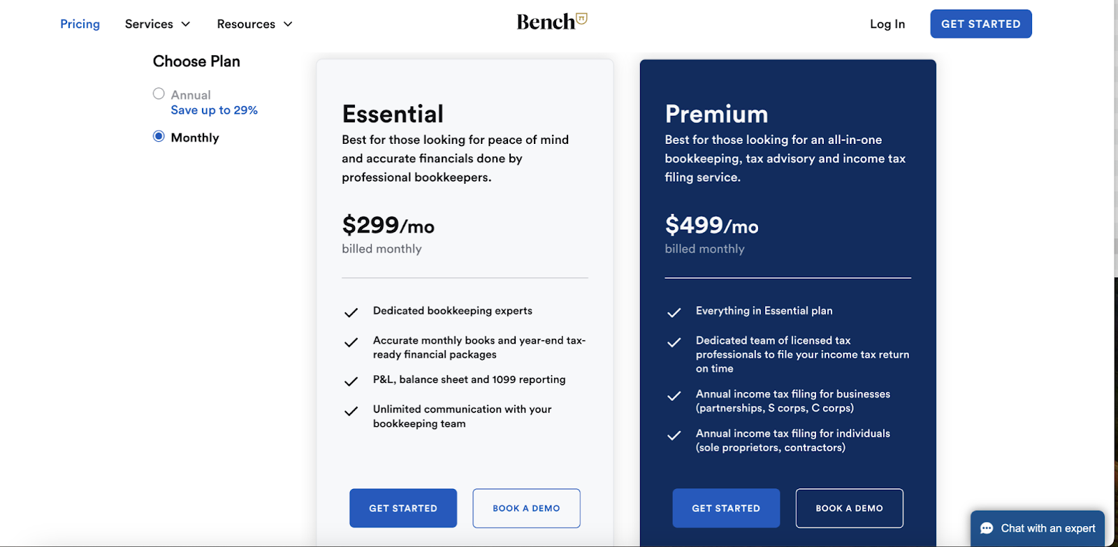 Bench's bookkeeping pricing packages