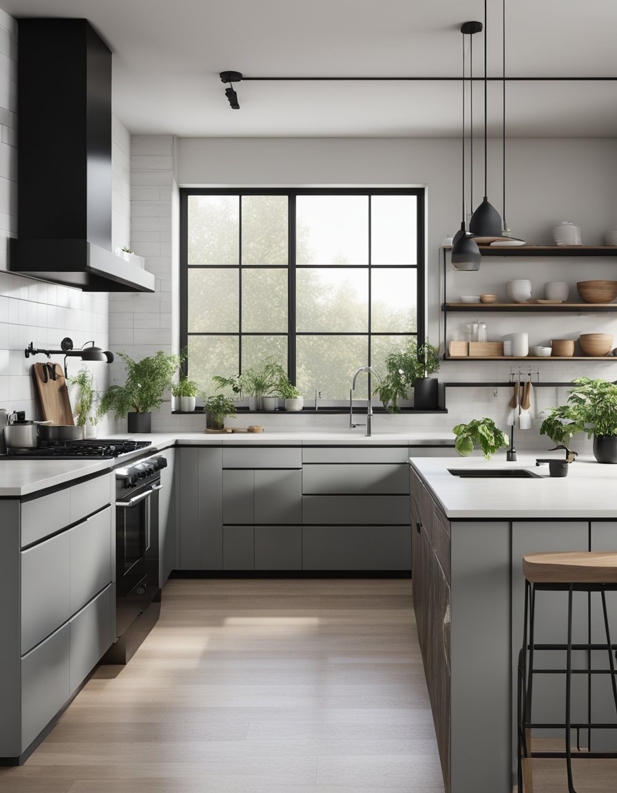 A modern kitchen with light gray cabinets and black accents. Clean lines and minimalistic design