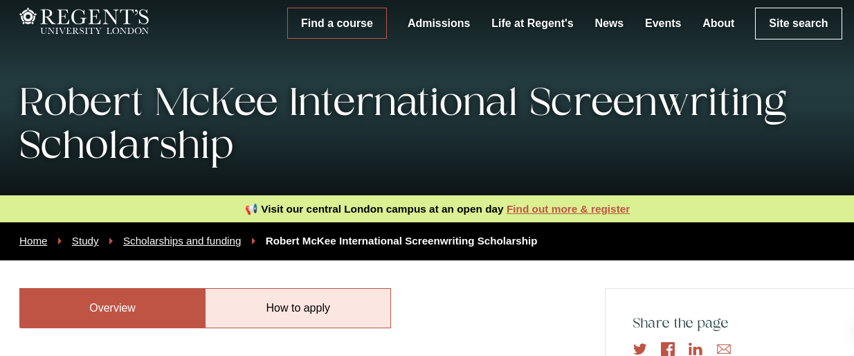 Study in UK: Regent’s University London  Robert McKee International Screenwriting Scholarship Open for Applications 
