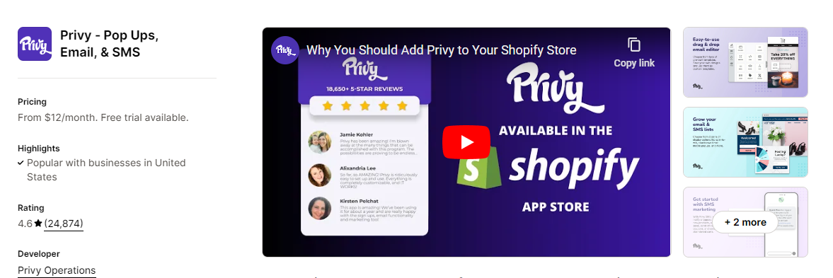 Privy Popups App homepage on the Shopify app store