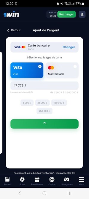 Rechargement par carte bancaire chez 1win