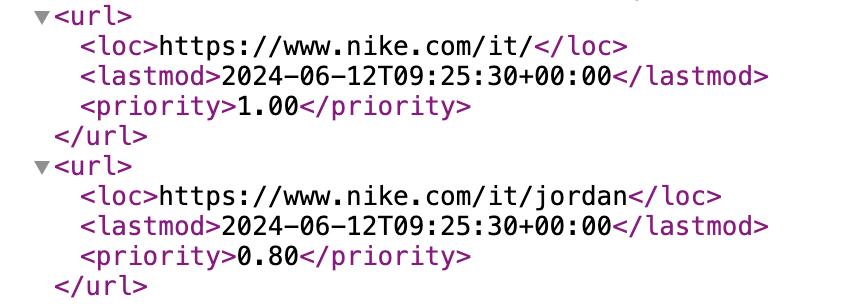 The sitemap of Nike Italy showing the crawling budget management for the homepage and the Jordan product page.