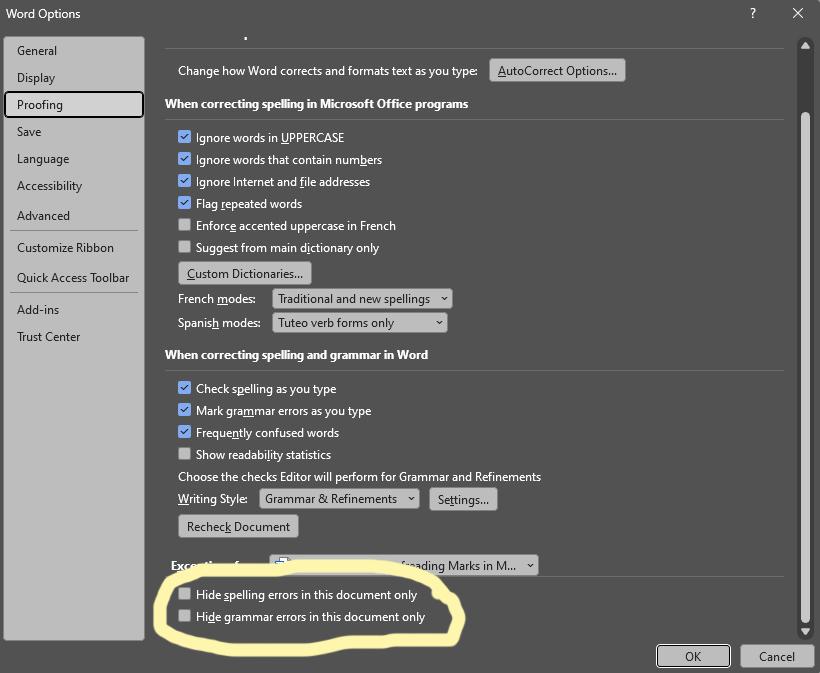 Turning on proofing features in Microsoft Word.