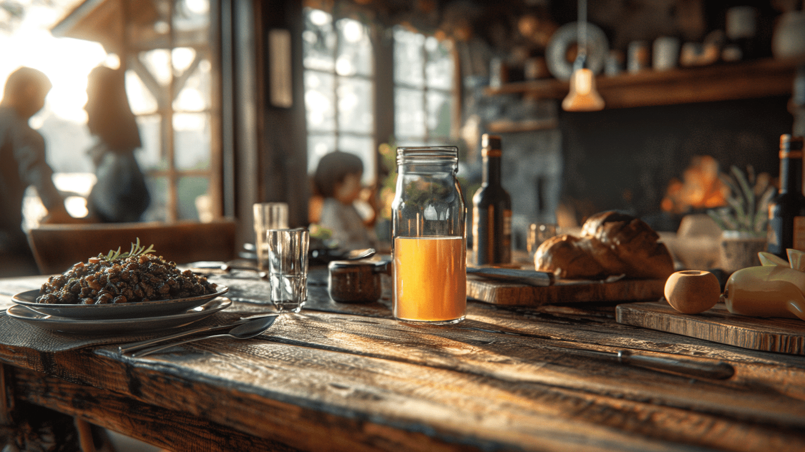 The rustic kitchen of an Ozarks cottage rental bathed in warm morning light