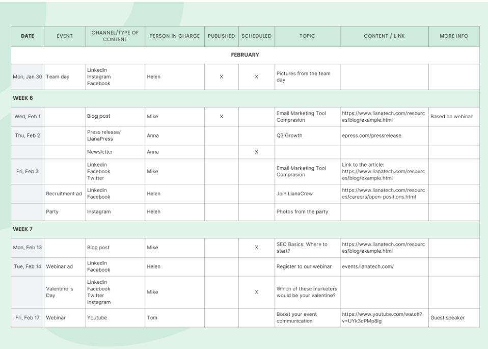 Content Calendar Template