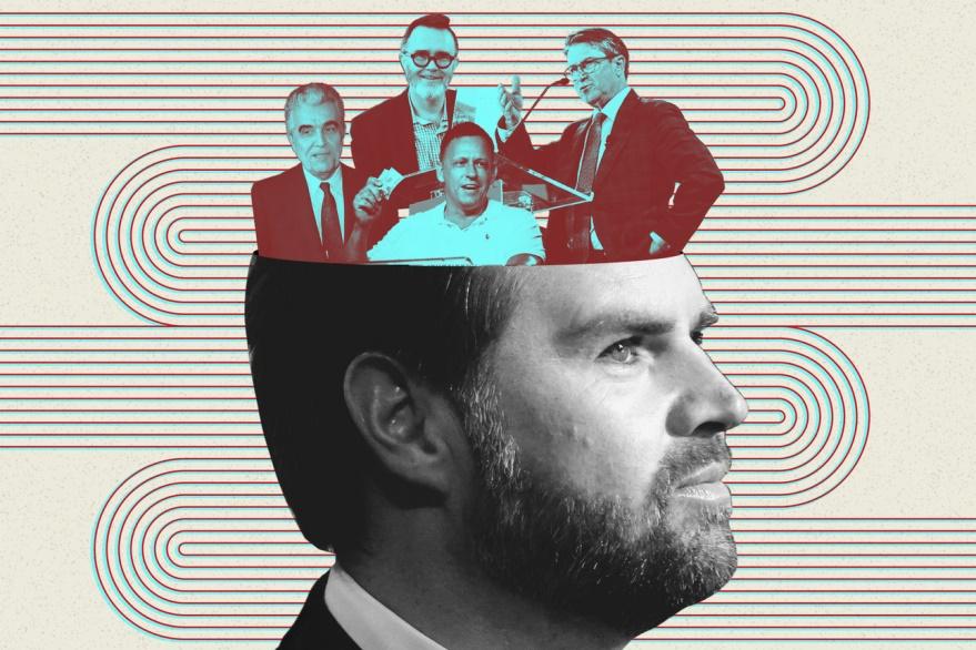 Photo illustration of JD Vance with various figures who has influenced his politics (from left to right): René Girard, Rod Dreher, Peter Thiel and Patrick Deneen.