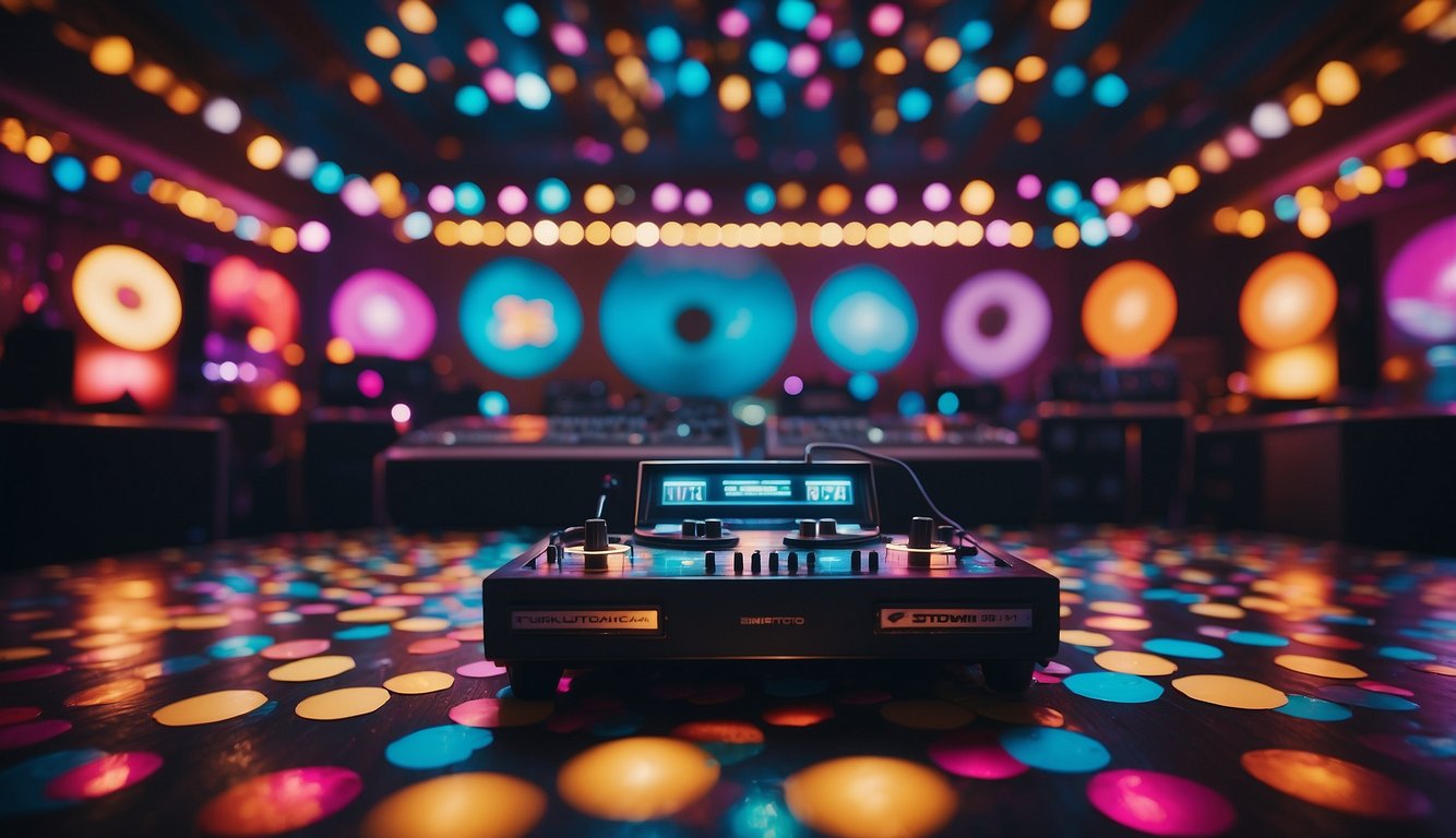 A colorful dance floor with retro lighting, a DJ booth with vinyl records, and a funky backdrop with a psychedelic wedding theme