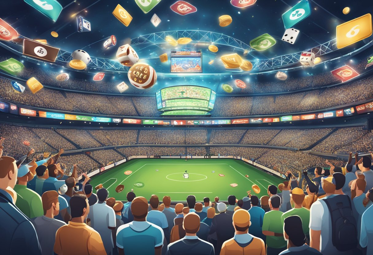 A crowded stadium with sports fans cheering, surrounded by online casino logos and advertisements, showcasing the influence of online casinos on the world of sports