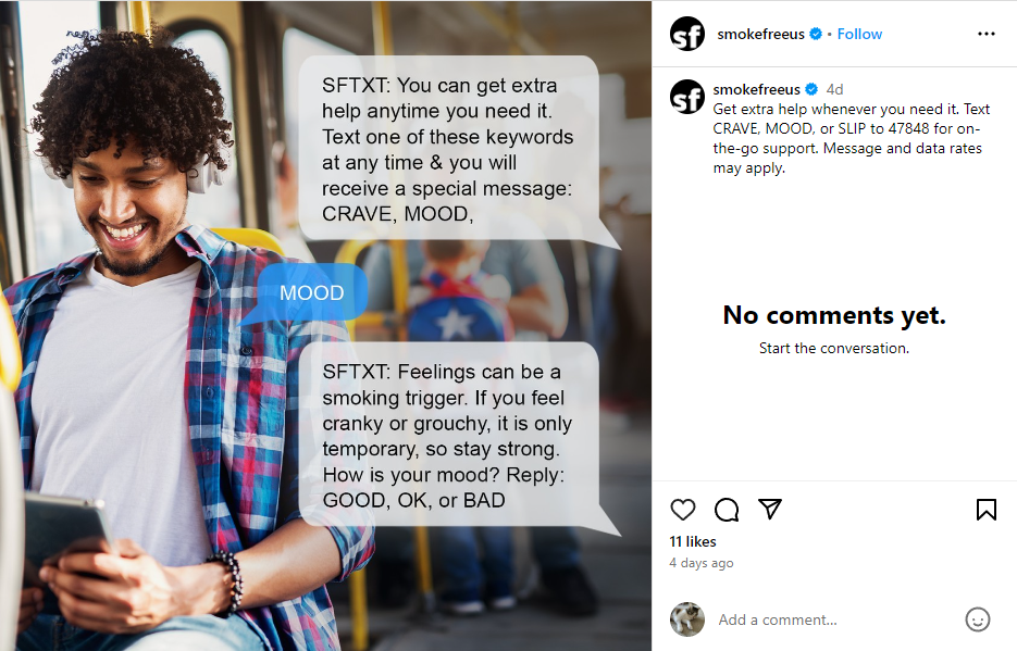 An Instagram post from SmokefreeUS showing a text exchange between someone trying to quit smoking and SmokefreeUS’s automated advice number.