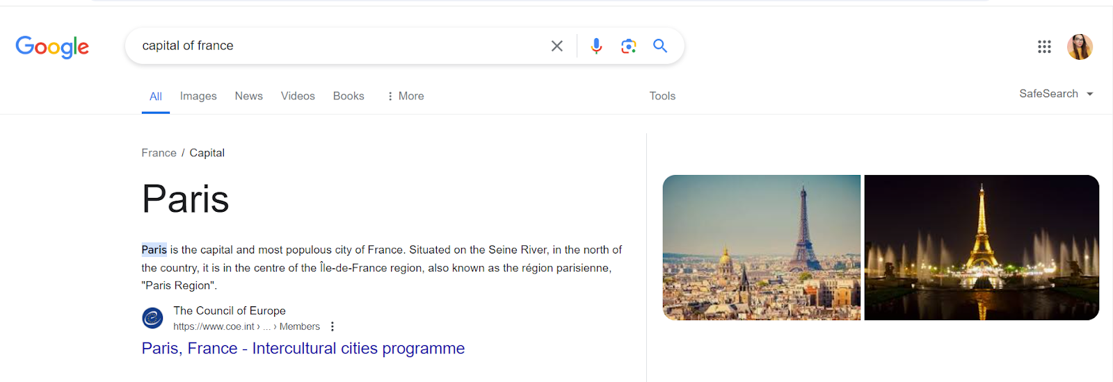 Search query for “Capital of France”