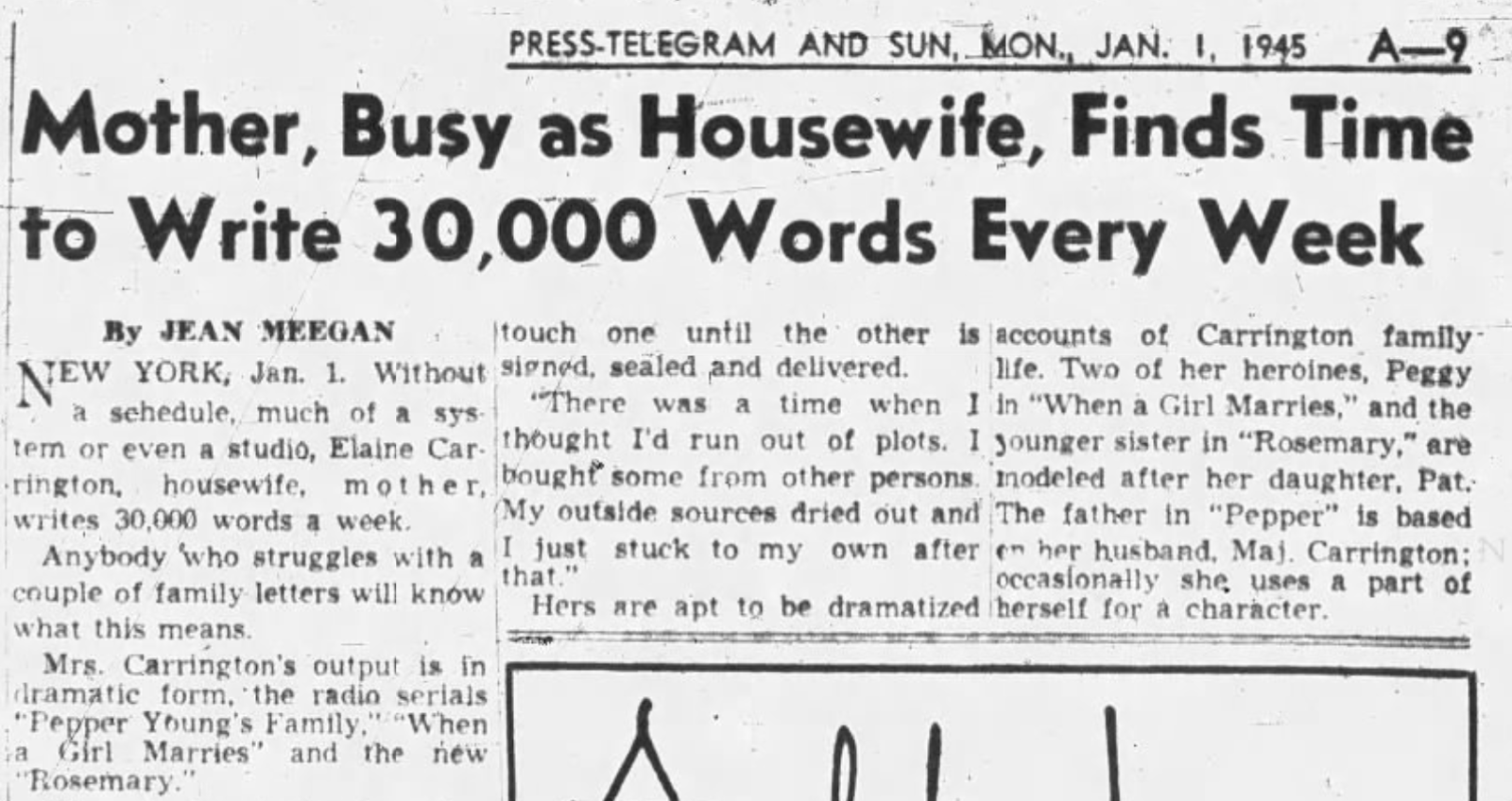 "Mother, Busy as Housewife, Finds Time to Write 30,000 Words Every Week," flabbergastingly