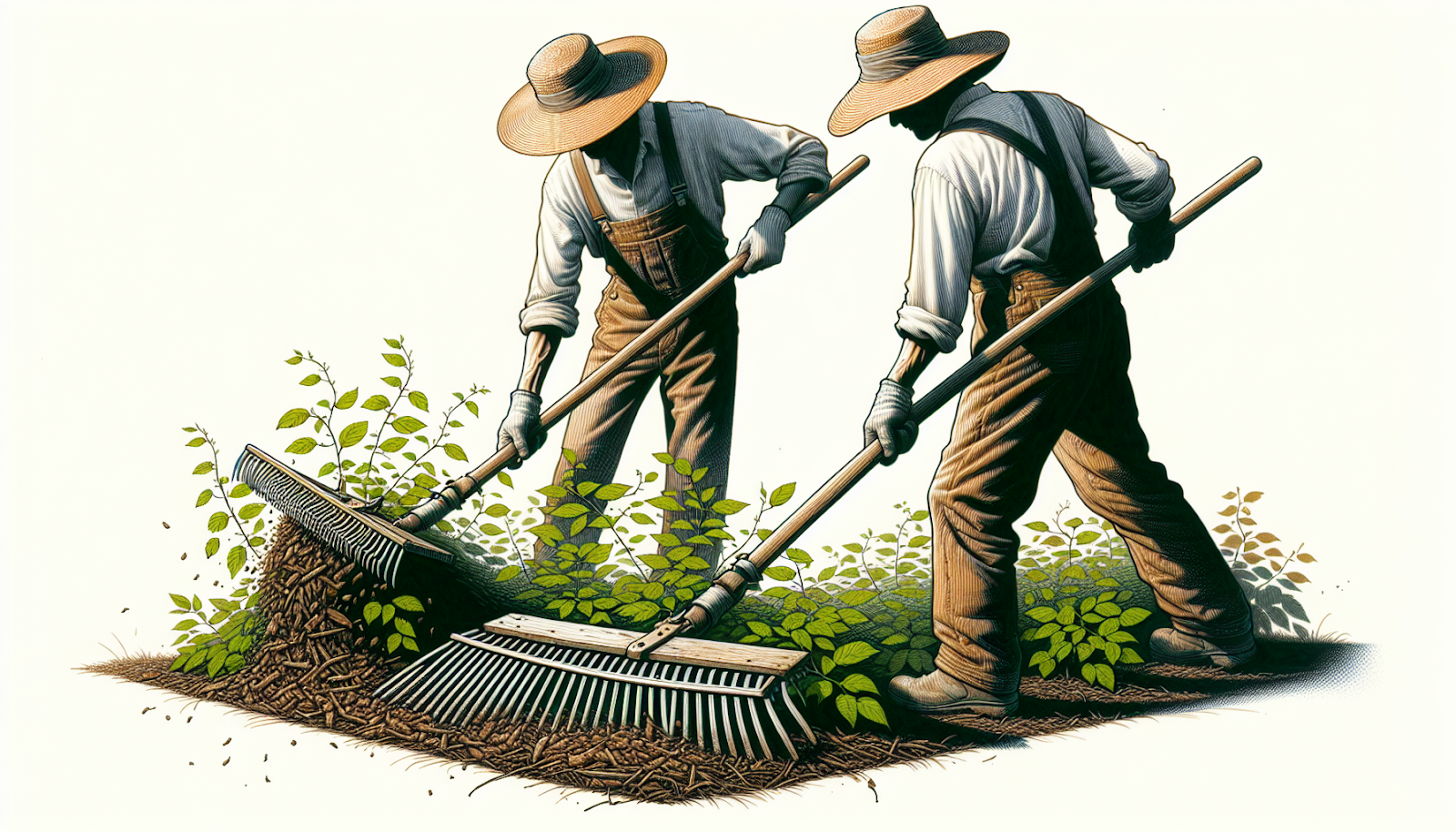 Gardener using a leaf rake for mulch removal