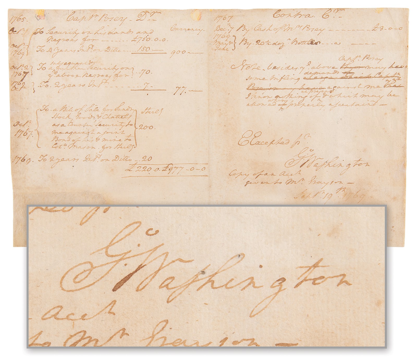 Ledger documenting Washington and Posey's transactions, with a close-up of Washington's signature.