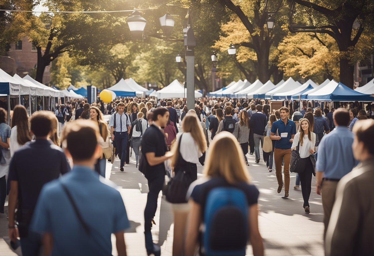 A bustling college fair with students and parents talking to representatives, posters and banners promoting scholarships and universities, and a sense of excitement and opportunity in the air