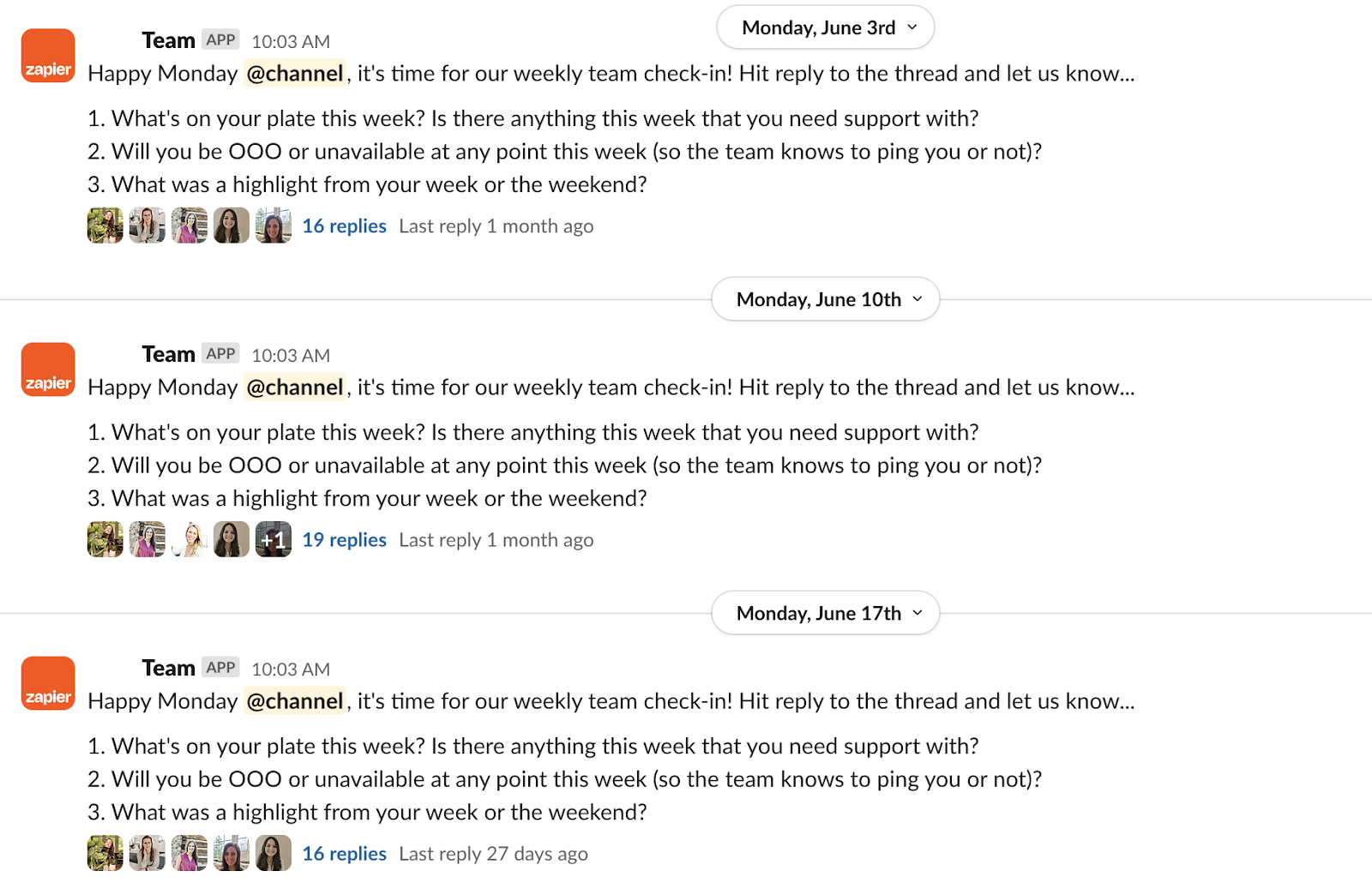 screenshot of Zapier message to Slack for weekly team standup meeting