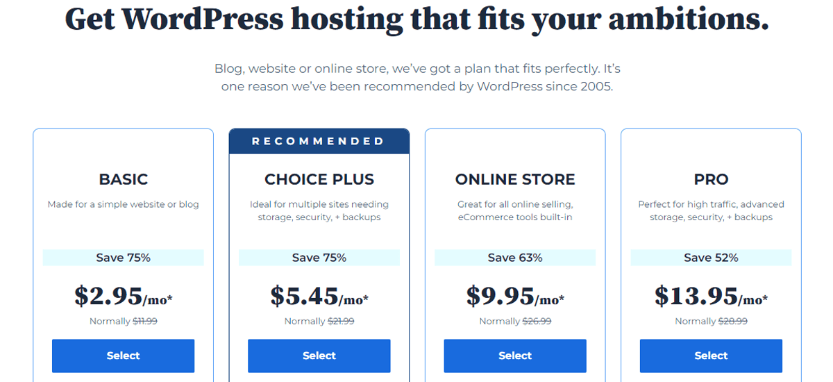 Bluehost WordPress Hosting Pricing