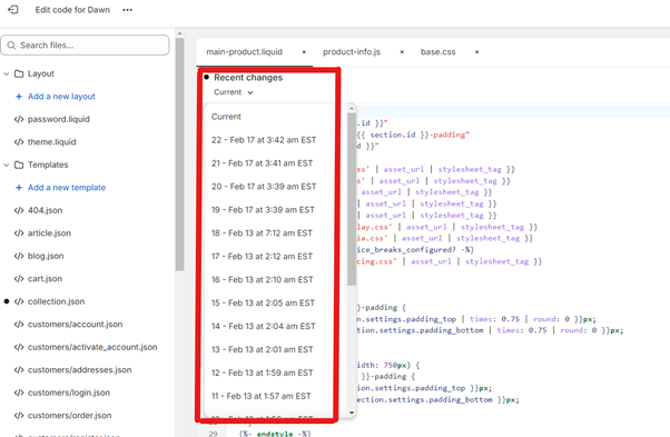 shopify liquid file recent changes option to track changes