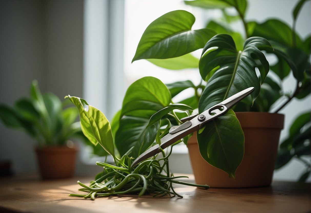 Lush green philodendron being gently pruned and cared for, with a pair of gardening shears and a small pile of trimmed leaves nearby