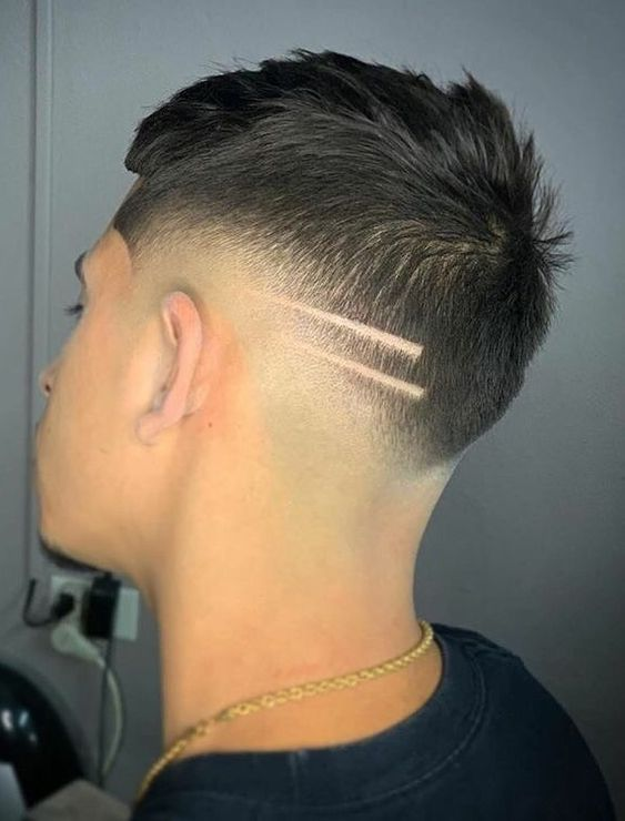 Back view of a man wearing the Skin Fade with Lines 