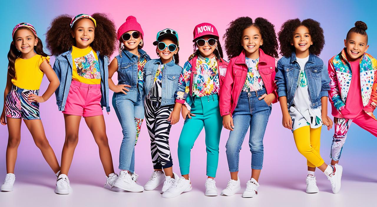 Create an image of a group of young children posing confidently in stylish clothing from the Fashion Nova Kids collection. The kids should be standing on a brightly lit runway, with flashy lights shining on them from all sides. Each child should be dressed in a colorful outfit, featuring bold patterns and trendy accessories. Some should be wearing cute hats or sunglasses, while others might have flashy necklaces or bracelets. The children's poses should be playful and sassy, with some striking confident poses and others flashing peace signs or blowing kisses to the camera. Overall, the image should capture the excitement and joy of young children showing off their fashion sense on the runway.