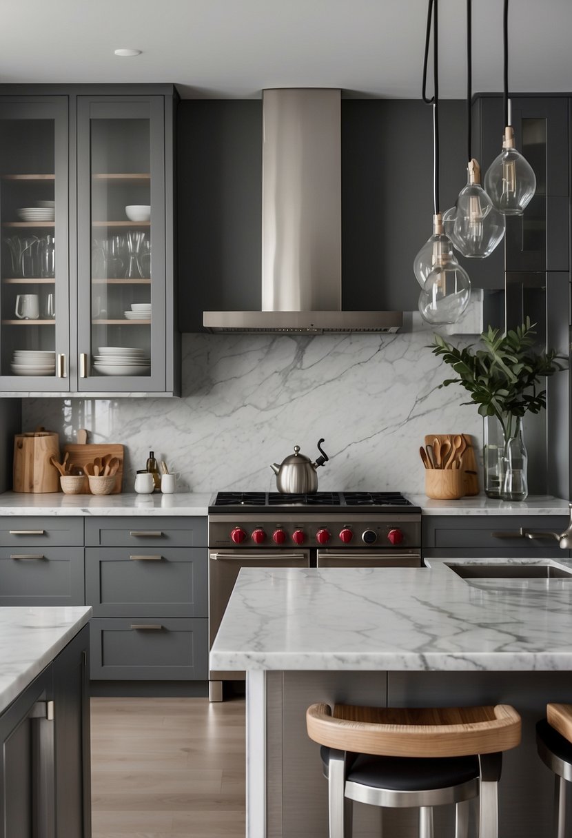 A clean, modern kitchen with sleek gray cabinets, stainless steel appliances, and marble countertops. The cabinets are neatly organized with labeled containers and minimal decor on the counters