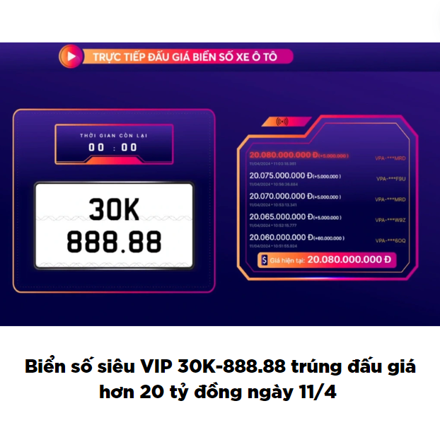 Trực tiếp đấu giá biển số 30K - 888.88 siêu VIP ngày 11/4