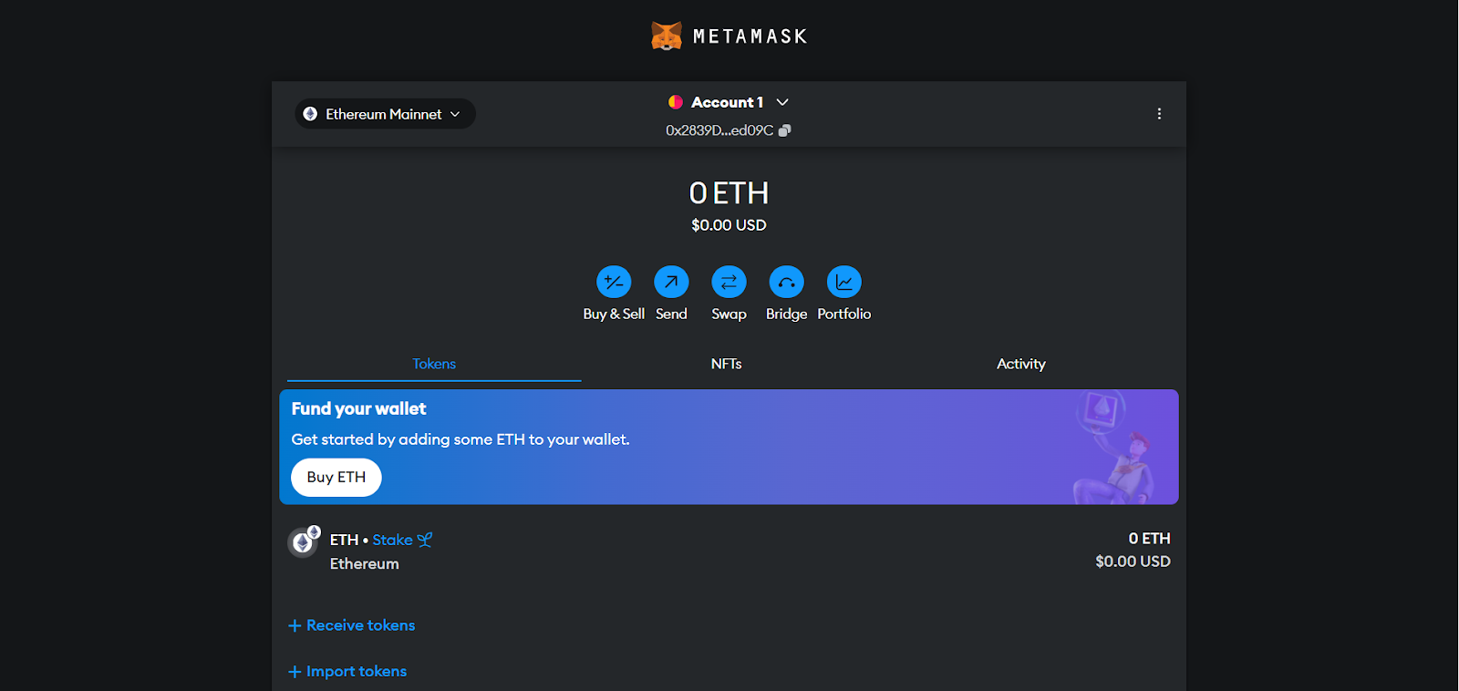 Screenshot of the MetaMask wallet interface.