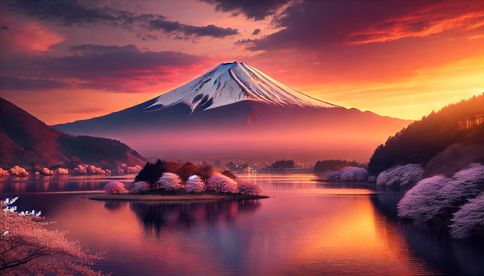 ChatGPTを使って、英語で「Mount Fuji at sunset」と入力して作成した画像