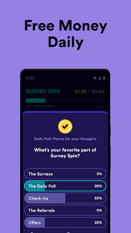 The daily poll on the Survey Spin app, this question asking for the user's favorite part of the platform. 