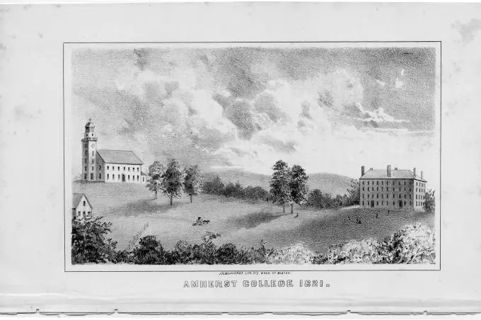 A lithograph of the Amherst College campus in 1821.