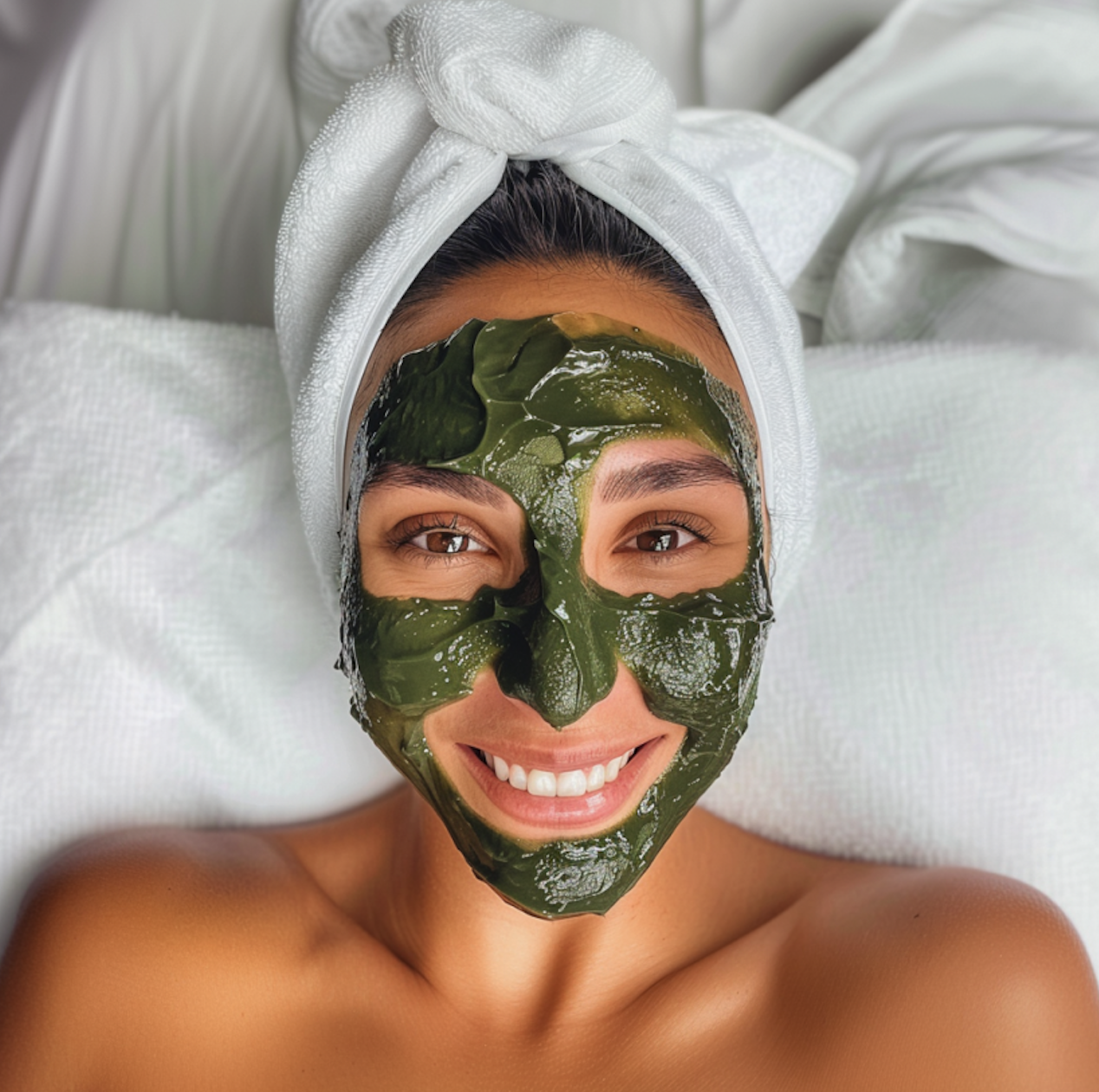 Close-up of a smiling person wearing a bright green face mask. Their hair is wrapped in a white towel, and they appear to be lying on white bedding. The mask covers most of the face, leaving the eyes and bright smile visible, showcasing a moment of self-care with a homemade skincare treatment.