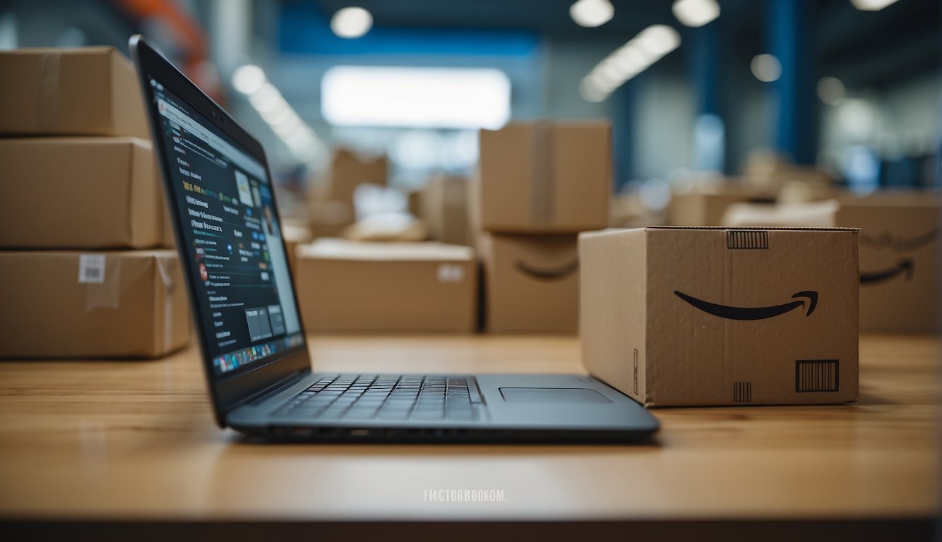 A bustling online marketplace with Amazon FBA and dropshipping logos competing for attention. Packages being shipped and received, with a sense of fast-paced e-commerce activity