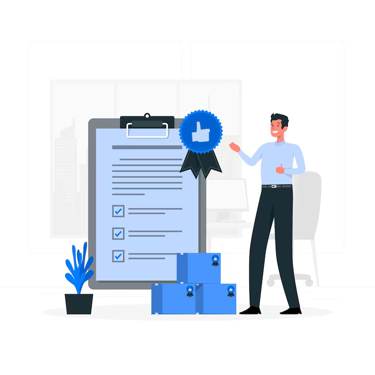 Product quality checklist illustration with a man showing a thumbs up sign