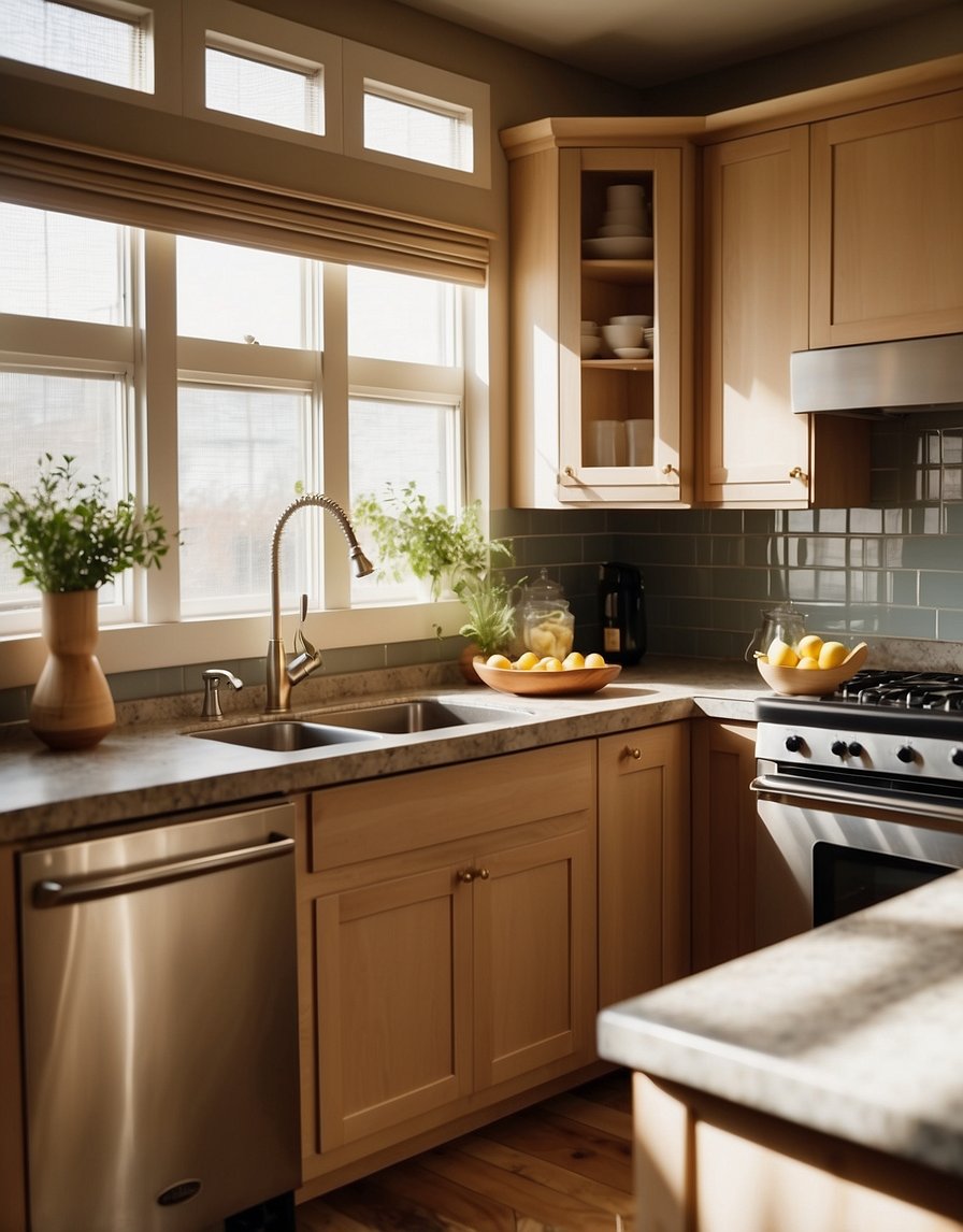 A bright, modern kitchen with wheat-colored cabinets, sleek hardware, and natural light streaming in through a large window