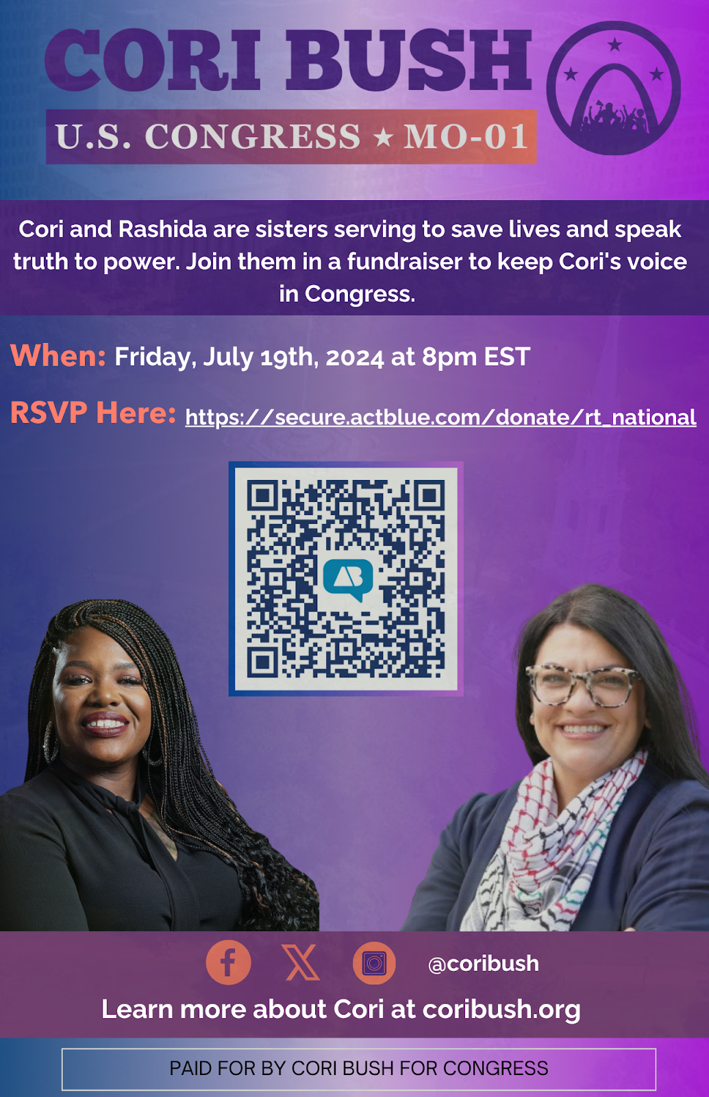 Cori and Rashida are sisters serving to save lives and speak truth to power. Join them in a fundraiser to keep Cori's voice in Congress. When: Friday, July 19th, 2024 at 8pm EST RSVP Here