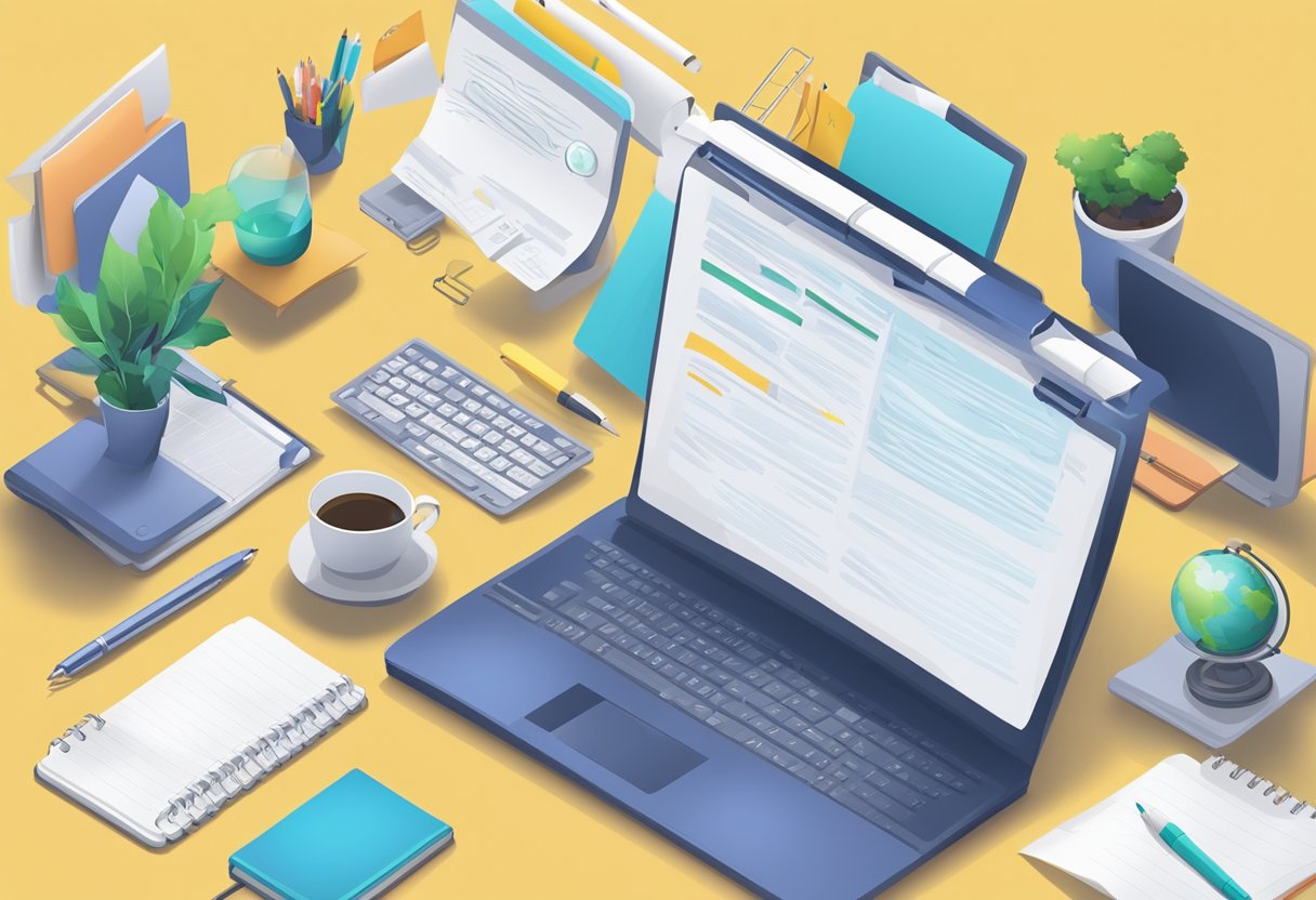 A computer screen displaying various types of copywriting (e.g. web, print, social media) with a pen and notebook alongside for brainstorming