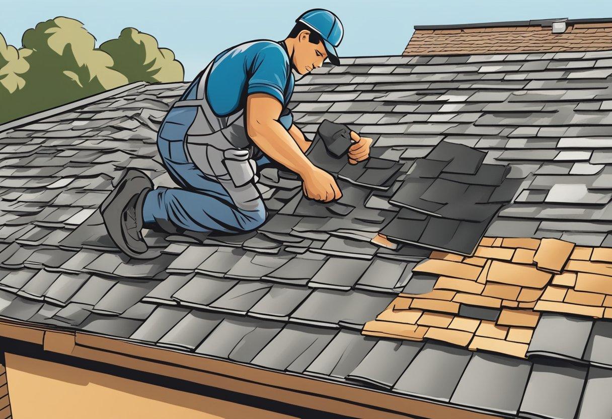 A roofer applies new shingles over old ones, repairing the roof. Nearby, a roofing company's logo is visible