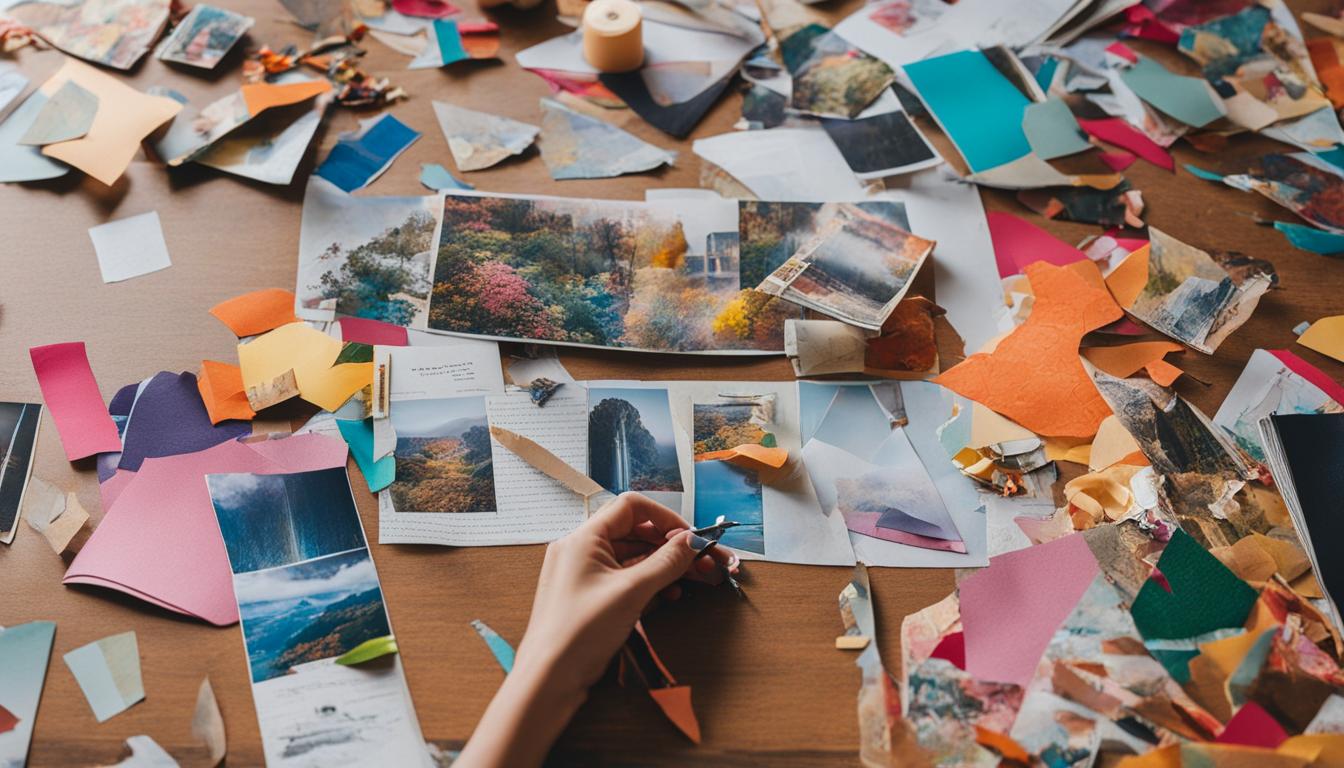 Hands holding magazines, scissors, and glue sticks, cutting out inspiring images and words from the pages. A table covered in colorful paper scraps and cutouts. Empty vision board on a wall waiting to be filled with the dreams and aspirations of its creator.