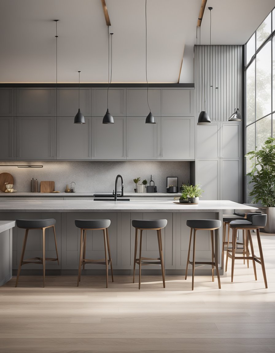 Sleek light gray shaker cabinets line the kitchen, creating a modern and elegant atmosphere