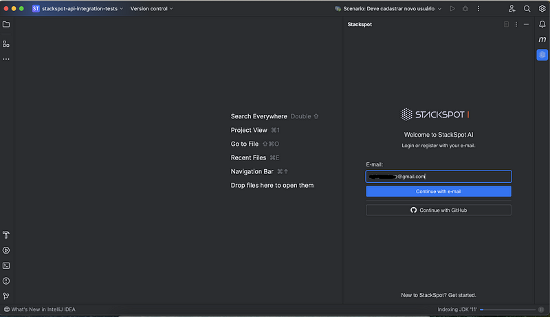 Image from the article on automated Rest API testing. IntelliJ IDE with StackSpot AI Plugin. In the photo at the top, we have the IDE, and on the right, the StackSpot AI Plugin with the "Email" field and the "Continue with email" and "Continue with Github" buttons. We will use the email from our Github account and activate the "Continue with Github" button to authenticate.