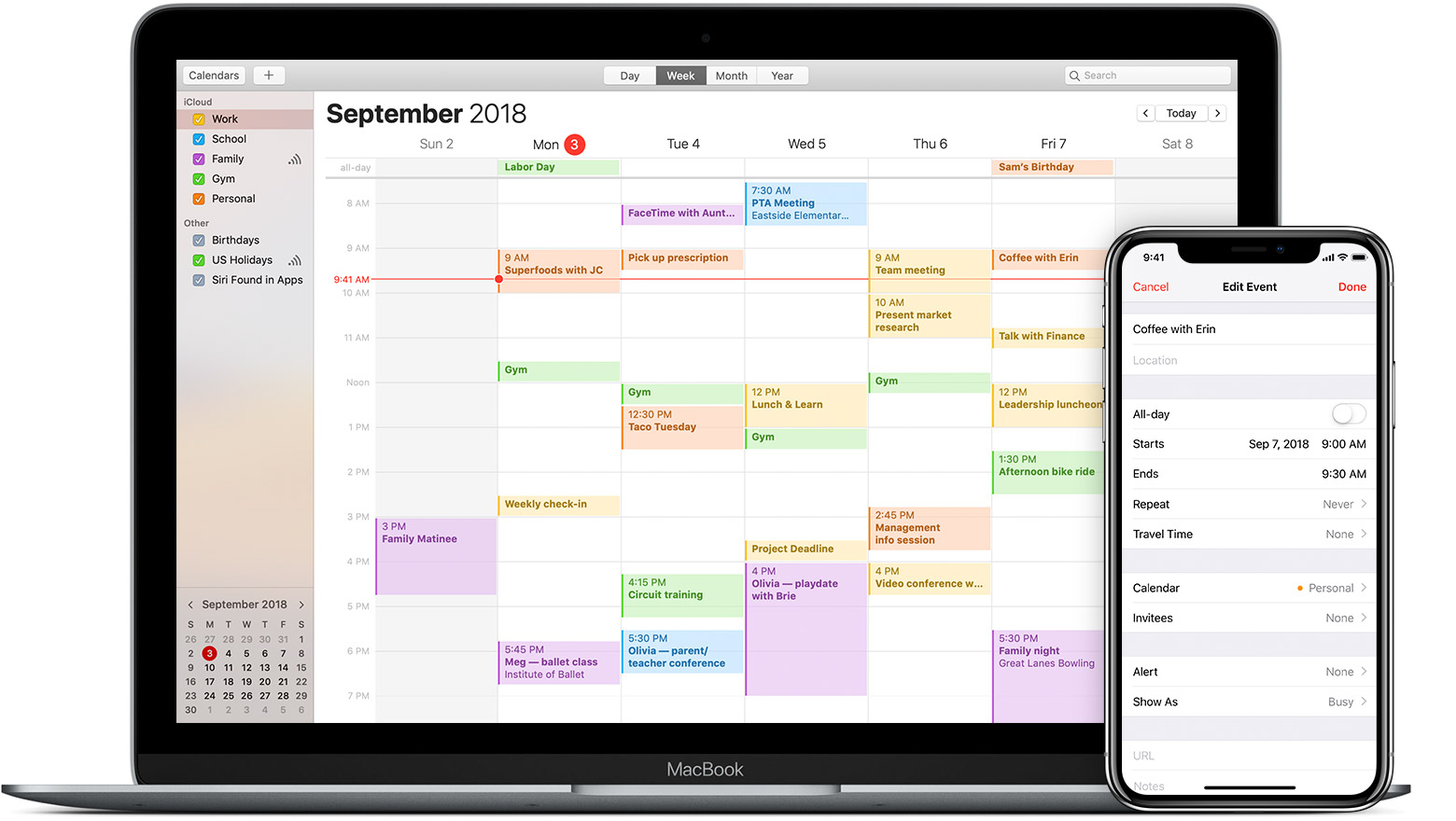 Mac and iPhone showing iCloud color coded calendar