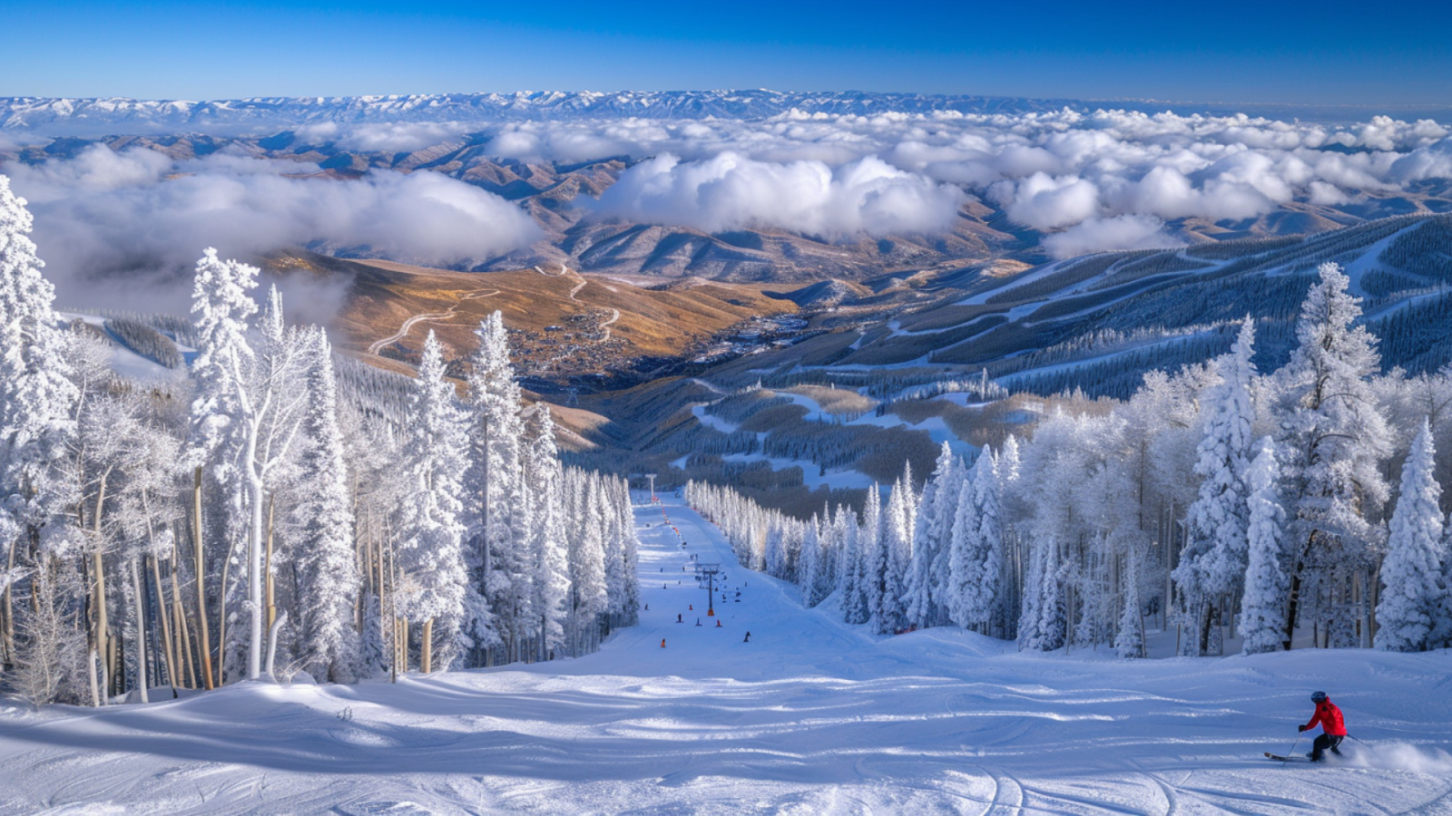 A panoramic view of the slopes and the mountains in Park City, UT